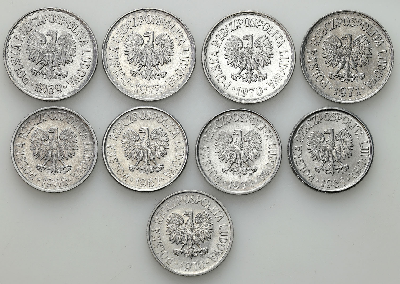 PRL. 50 groszy do 1 złoty 1965 - 1972, zestaw 9 monet